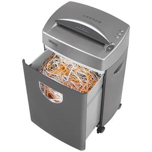 An intimus 1000 S Strip Cut Shredder with paper in it.
