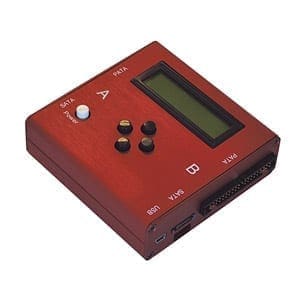 The intimus Hammer SE is a red electronic device with an LCD screen.